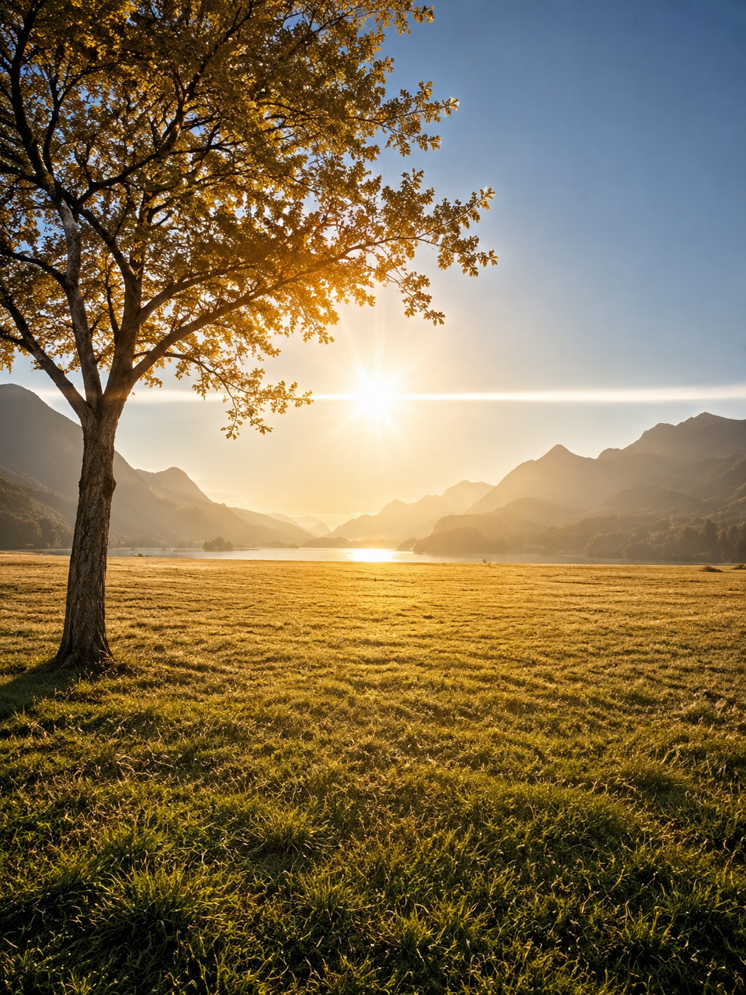Sonnenbeschienene Schweizer Berglandschaft mit See und Baum